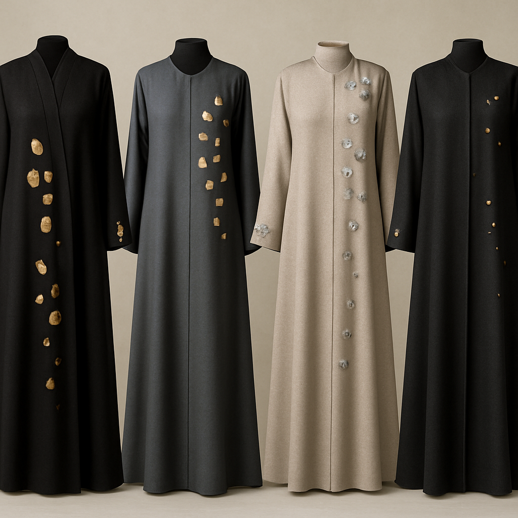 Create a modest abaya, the first of its kind, featuring a unique stone design that exudes a classy and sophisticated vibe. I'd like four designs, each showcasing different styles and fabrics. Incorporate high-end, unique chic stone designs to make them truly special. Add little sophisticated stone designs.

Create a modest abaya, the first of its kind, featuring a unique stone design that exudes a classy and sophisticated vibe. I'd like four designs, each showcasing different styles and fabrics. Incorporate high-end, unique chic stone designs to make them truly special. Add little sophisticated stone designs.