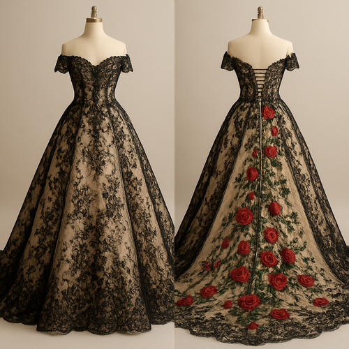 Lace wedding dress,black and champagne color, off the shoulder sleeves. With red roses and green vines embroidered cascading down the back of the dress flowing along the train. Corset top and lace up back.