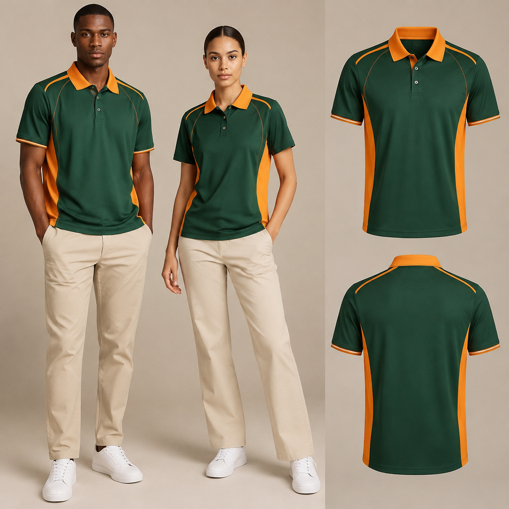 A Unisex Top design, in Classic style. golf shirt with green and orange. South Africa fashion aesthetics. Present it as professional fashion catalogue photography: the garment is the subject, shown full-length with editorial styling, neutral posing and tasteful, non-suggestive framing.
photorealistic fashion design, A Unisex Top design, in Classic style. golf shirt with green and orange. South Africa fashion aesthetics. Present it as professional fashion catalogue photography: the garment is the subject, shown full-length with editorial styling, neutral posing and tasteful, non-suggestive framing., classic style, just the design no text