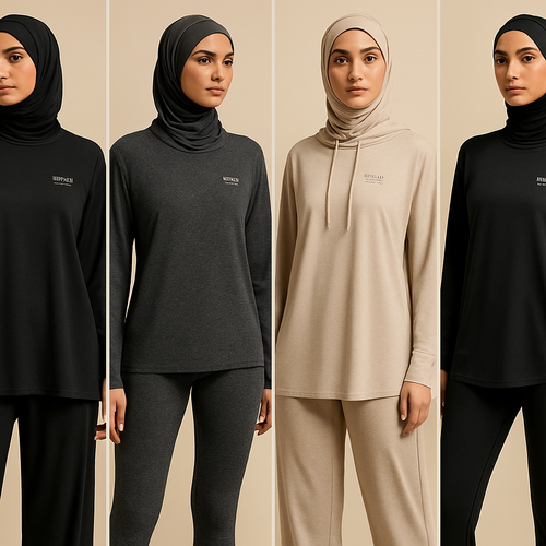 Create a revolutionary women's modest loose gym wear brand called "Modest Fleur". Display the brand name on the in a unique design on the upper right side, in small thick writing that exudes a classy and sophisticated vibe. I'd like four designs, each showcasing different styles and fabrics, with high-end, chic designs to make them truly special.
