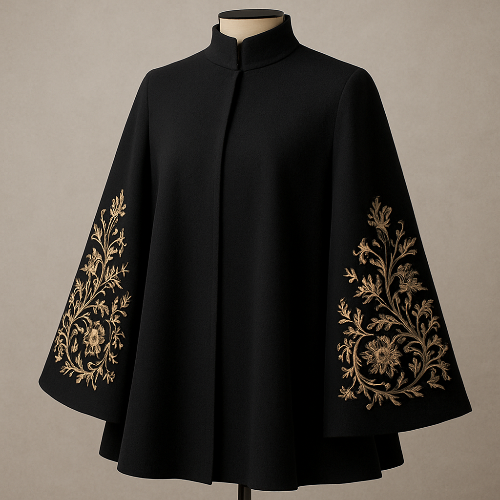 Black cape with embroidered sleeves, and an upper neck surrounding the neck
Black cape with embroidered sleeves, and an upper neck surrounding the neck
, classic style