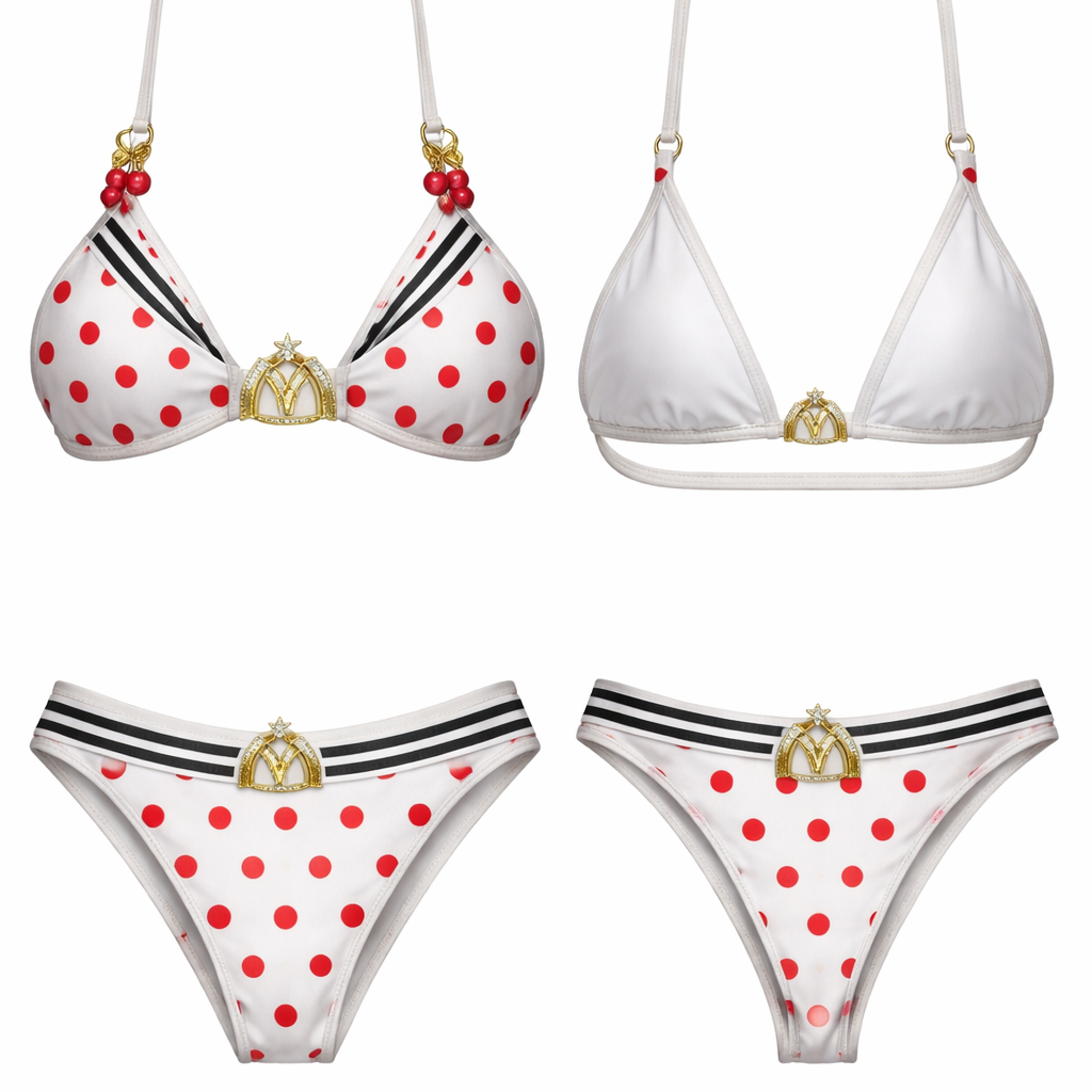 Bikini top and bottom
Top / triangle top with cherry metal hook to connect bra to straps on both sides. The middle of the biking will have a star with a double m logo similar to maybach symbol.
Bottoms will be full coverage in the front but a thong at the back. At the top of the thong I need the same double M logo. For the design I need white colored with red polka dots and 4 black stripes on the top part of the bottoms and at the top part of both bra pieces
Bikini top and bottom
Top / triangle top with cherry metal hook to connect bra to straps on both sides. The middle of the biking will have a star with a double m logo similar to maybach symbol.
Bottoms will be full coverage in the front but a thong at the back. At the top of the thong I need the same double M logo. For the design I need white colored with red polka dots and 4 black stripes on the top part of the bottoms and at the top part of both bra pieces
, show front and back
