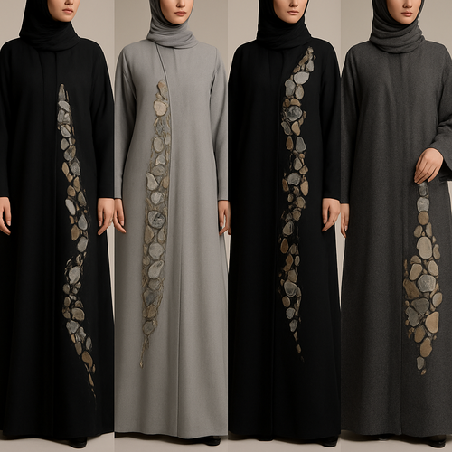 Create a modest abaya that's the first of its kind, featuring a unique stone design that exudes a classy and sophisticated vibe. I'd like four designs, each showcasing different styles and fabrics.
Incorporate high-end, unique chic stone designs to make them truly special. Add a little sophisticated stone work to it.
