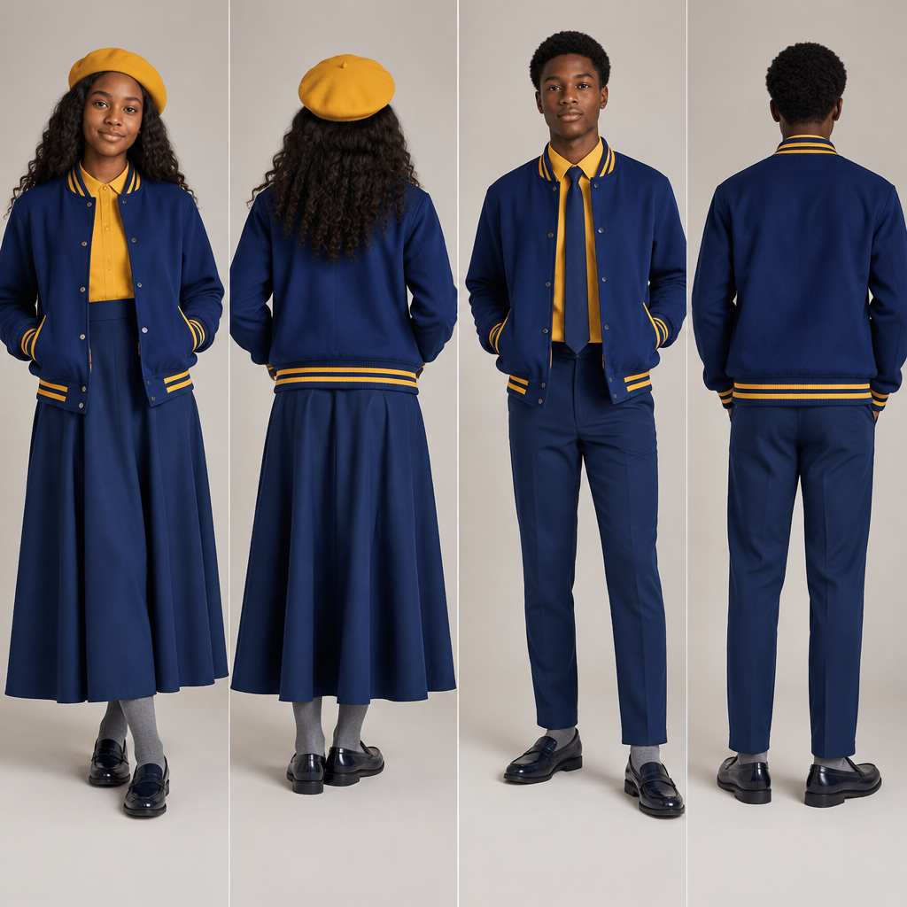 A Male Top design, with modest, full coverage: longer hemlines, higher necklines and covered shoulders, suitable for Fall. Design a blue baseball jacket with golden yellow accents. Blue arms. For both male and female. Use black teenagers as models.
A fit flare dress top half golden yellow and bottom half blue, it must almost reach ankles. A golden yellow barrett. Grey socks. For the female.
A blue relaxed trouser, reaching ankles. A golden yellow shirt. A blue tie and grey socks. For the male
Nice black school shoes for both. Use navy blue. Both must be wearing baseball jacket Present it as professional fashion catalogue photography: the garment is the subject, shown full-length with editorial styling, neutral posing and tasteful, non-suggestive framing.
photorealistic fashion design, A Male Top design, with modest, full coverage: longer hemlines, higher necklines and covered shoulders, suitable for Fall. Design a blue baseball jacket with golden yellow accents. Blue arms. For both male and female. Use black teenagers as models.
A fit flare dress top half golden yellow and bottom half blue, it must almost reach ankles. A golden yellow barrett. Grey socks. For the female.
A blue relaxed trouser, reaching ankles. A golden yellow shirt. A blue tie and grey socks. For the male
Nice black school shoes for both. Use navy blue. Both must be wearing baseball jacket Present it as professional fashion catalogue photography: the garment is the subject, shown full-length with editorial styling, neutral posing and tasteful, non-suggestive framing., just the design no text, show front and back