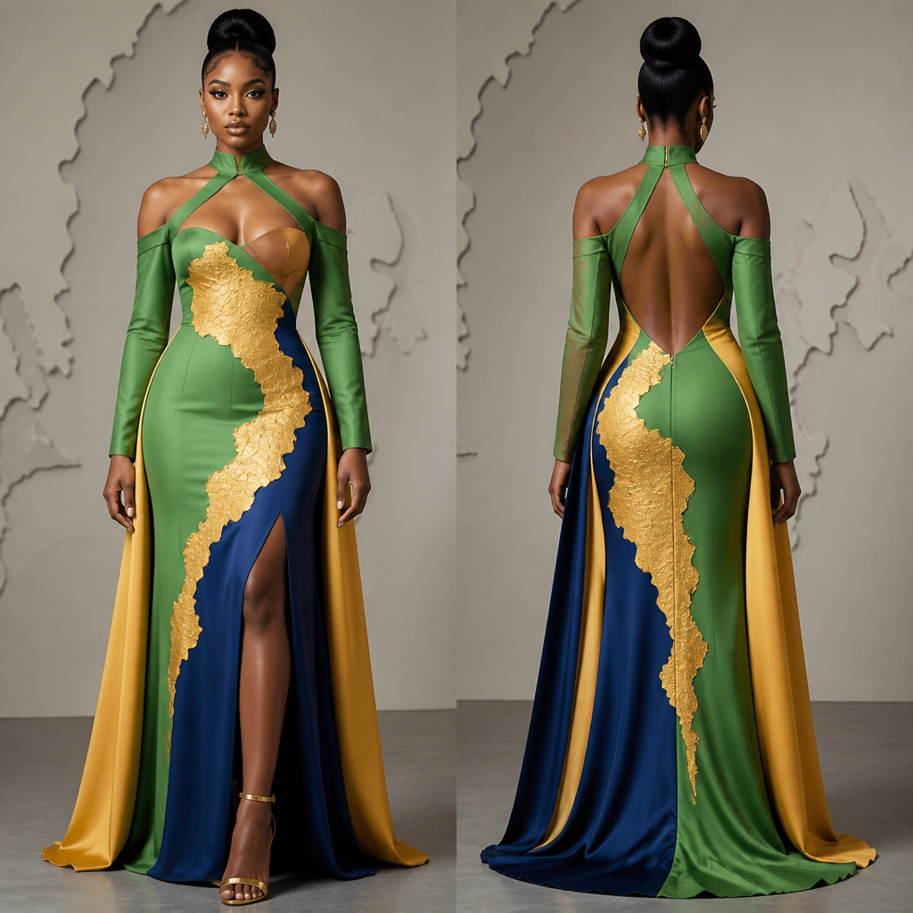 A Female fashion design, in Elegant style. une carpe avec dernière la carte du gabon, et une longue robe longue manche ouvert au niveau de la poitrine et les épaules rendre la photo réaliste. GA fashion aesthetics.
photorealistic fashion design, A Female fashion design, in Elegant style. une carpe avec dernière la carte du gabon, et une longue robe longue manche ouvert au niveau de la poitrine et les épaules rendre la photo réaliste. GA fashion aesthetics., elegant style, just the design no text, show front and back
