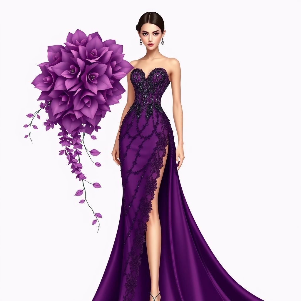 Let’s create a very beautiful evening, Gown. The solid fabric that is purple has a high lead all the way to the beginning of the thigh. Inside the sleet is another fabric a lace fabric the slit is all the way to me thigh. The bodice of the dress is structured and fully Beaded. Add 3-D structures to the left shoulder
Design an exquisite haute couture evening gown in rich, deep purple. The gown features a daring thigh-high slit lined with delicate lace. A sculptural, fully beaded bodice elegantly enhances the silhouette. Dramatic 3-D floral structures cascade from the left shoulder, transforming the garment into a breathtaking masterpiece of elegance and artistry.