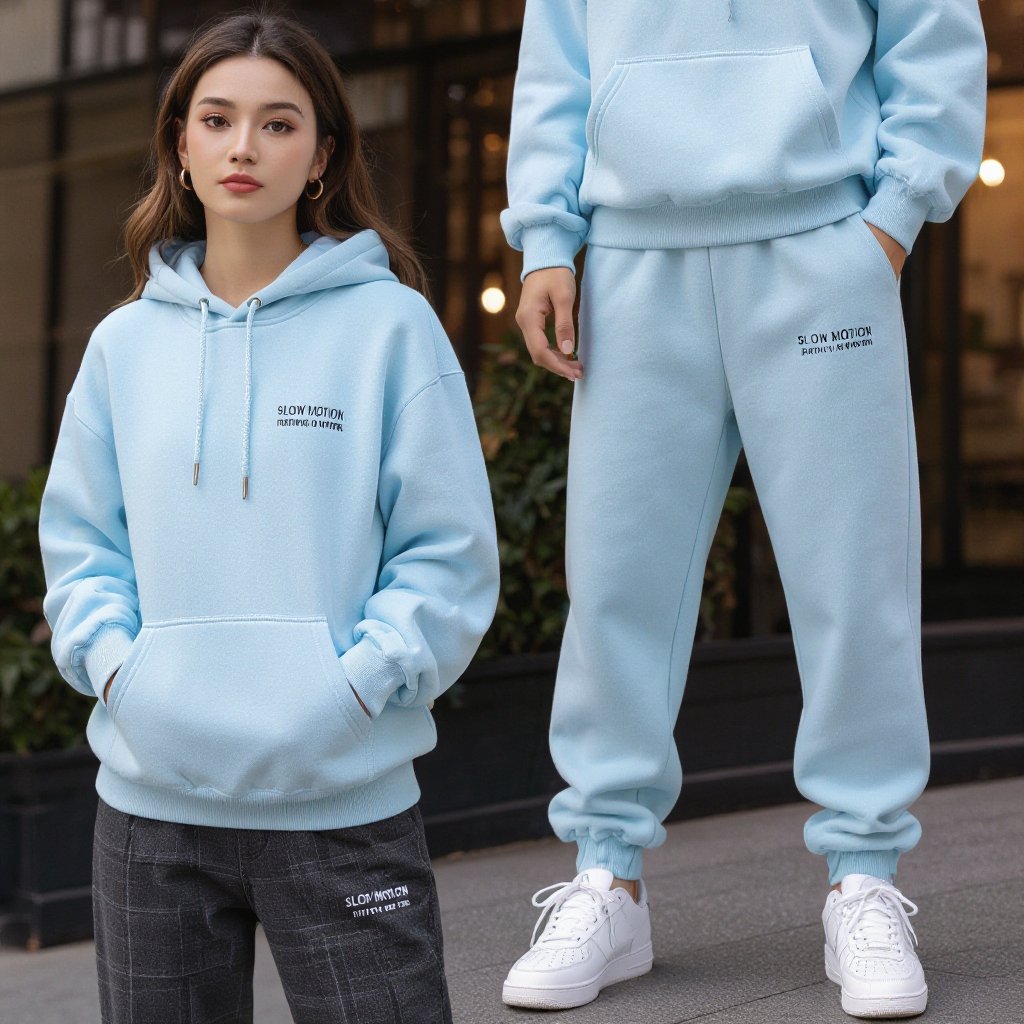 winter tracksuit (matching hoodie and open bottom baggy sweat pants in pastel blue) logo on sleeve and pant leg is “ SLOW MOTION BETTER THAN NO MOTION
Pastel blue fleece winter tracksuit, with a matching hoodie and open-bottom baggy sweatpants. Features a small logo embroidered on the sleeve and pant leg: "SLOW MOTION BETTER THAN NO MOTION."