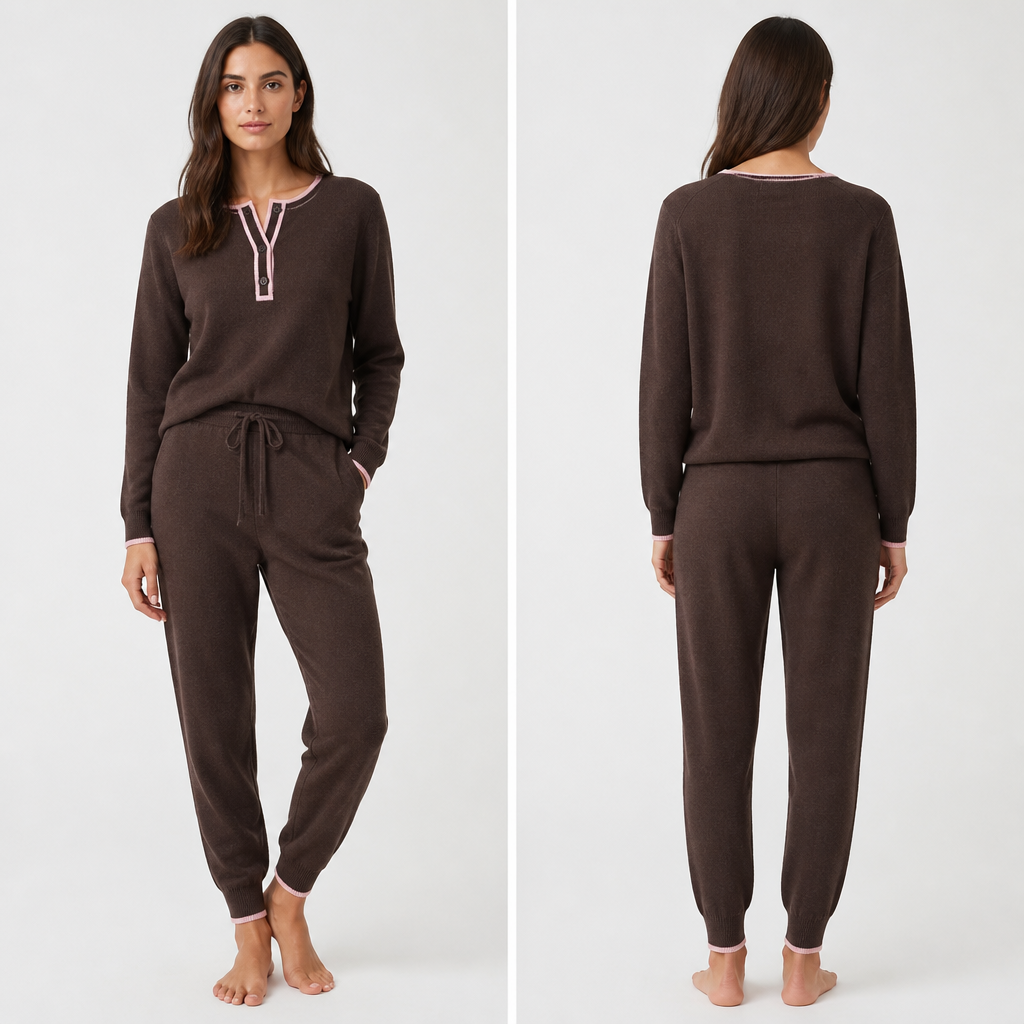 Female Jogger set- cuffed jogger pants in knit and long sleeve crew neck sweater with three buttons and Henley opening and cuffed wrists. Make in a fine knit cashmere. Main colour is chocolate brown. Piping around Henley neck opening, cuffs on wrists and ankles should be baby pink too.
photorealistic fashion design, Female Jogger set- cuffed jogger pants in knit and long sleeve crew neck sweater with three buttons and Henley opening and cuffed wrists. Make in a fine knit cashmere. Main colour is chocolate brown. Piping around Henley neck opening, cuffs on wrists and ankles should be baby pink too. , just the design no text, show front and back