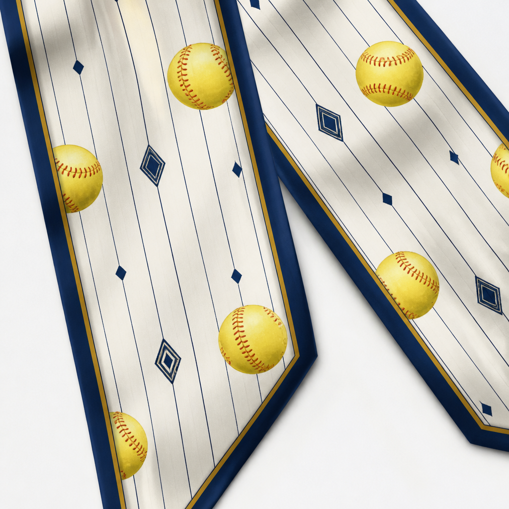 Design a luxury silk twilly inspired by modern competitive softball. Ivory silk background with ultra-fine navy pinstripes. Scattered hand-painted modern yellow softballs with realistic red stitching and soft felt texture. Incorporate tiny navy geometric diamond motifs and a sophisticated navy border with a fine gold accent. Elegant negative space, heritage athletic club aesthetic, refined Americana, premium silk scarf print, balanced composition, timeless, collectible, hand-illustrated, not cartoonish, luxury fashion accessory.
photorealistic fashion design, Design a luxury silk twilly inspired by modern competitive softball. Ivory silk background with ultra-fine navy pinstripes. Scattered hand-painted modern yellow softballs with realistic red stitching and soft felt texture. Incorporate tiny navy geometric diamond motifs and a sophisticated navy border with a fine gold accent. Elegant negative space, heritage athletic club aesthetic, refined Americana, premium silk scarf print, balanced composition, timeless, collectible, hand-illustrated, not cartoonish, luxury fashion accessory., classic style, just the design no text