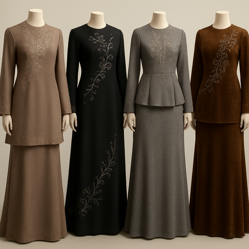 Create me modest two piece that's first in the world, using unique stone design, classy and sophisticated. Keep me 4 designs. Make them rich by adding minimal stone embroidery and stones designs. Showcasing different styles and fabric.