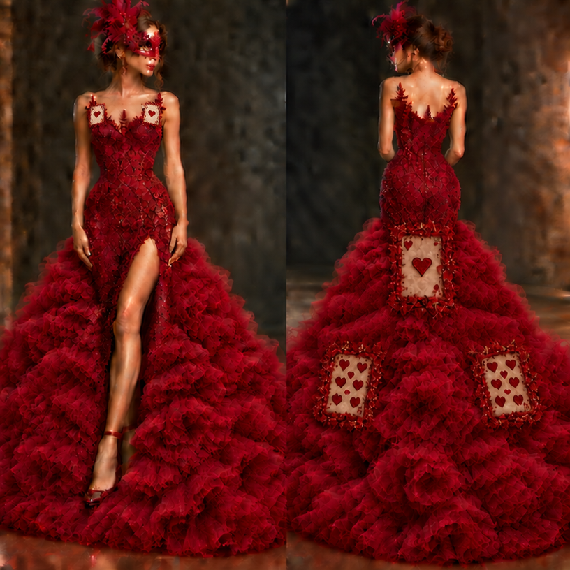 Now let's out 2 ace of card to the front of her dress at the very top of the strapless area, one on either side and make the card smaller but visible
edit the attached fashion design with these instructions: Now let's out 2 ace of card to the front of her dress at the very top of the strapless area, one on either side and make the card smaller but visible. keep it photorealistic, just the design no text