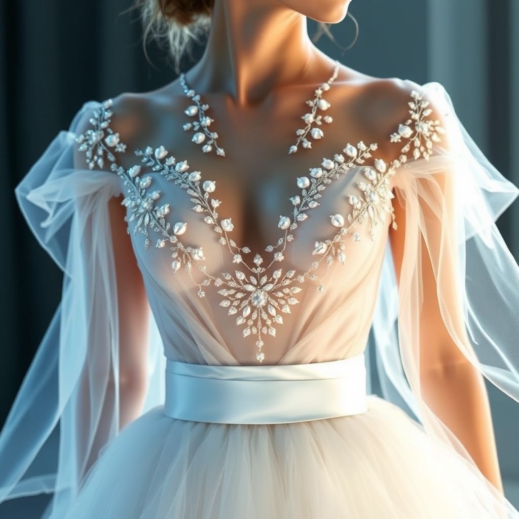 2. Upper Part: • Deep V-shaped neckline starting from the shoulders down to the underbust area. • The neckline is heavily adorned with white crystal embellishments, which are densest at the top and gradually decrease downward. • A thin, sash-like white belt wraps around the waist. 3. Lower Part: • From the waist down, the fabric falls straight, made of very lightly layered and slightly voluminous white tulle or organza. • The volume is minimal, creating a natural and elegant look. • The delicate fabric begins where the crystal embellishments end. 4. Color and Fabric: • The main fabric is white, made of shiny satin or silk. • The crystals or pearls embellishing the neckline and bust are in crystal or pearl tones. • The lower part’s fabric is white, slightly transparent, and has a flowing movement. 5. Details: • The back can be open or feature thin straps. • Sleeves are either absent or very thin straps are preferred.
Envision a stunning evening gown embodying ethereal elegance. Its deep V-shaped neckline plunges gracefully from shoulders to underbust, intricately adorned with cascading white crystals, glimmering like stars. A delicate white satin belt highlights the waist, while a flowing layer of translucent tulle billows below, creating an enchanting silhouette. Perfect for any modern fairytale.