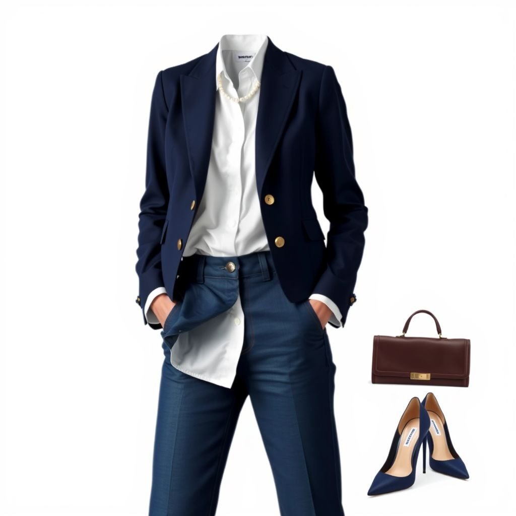 Jeans white shirt
Design a timeless ensemble featuring tailored high-waisted straight-leg jeans paired with a crisp, white button-up shirt. Accentuate with a structured navy blazer adorned with gold buttons. Add a delicate pearl necklace and classic stiletto heels, combining sophistication and ease for a refined look that embodies the essence of classic fashion elegance.