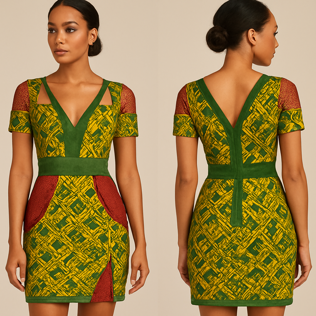 Create a plain yellow African print dress combined with a green suede fabric, a red mesh fabric and another mixed green and yellow African print fabric. The dress should have hidden pockets, beautiful trims and details, should show some skin, could be worn for an evening event, should be trendy and eye catching and can be worn by women in their 30s
Create a plain yellow African print dress combined with a green suede fabric, a red mesh fabric and another mixed green and yellow African print fabric. The dress should have hidden pockets, beautiful trims and details, should show some skin, could be worn for an evening event, should be trendy and eye catching and can be worn by women in their 30s, glamorous style, show front and back