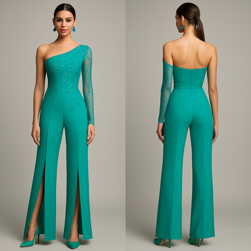 Neon teal tappered-leg jumpsuit that extra tall in the pants with a split on both sides on the jumpsuit with mesh and a ones sided off the shoulder with one arm sleeve neckline. The waist line has a side V shape. The jumpsuit has teal pearls and teal rhinestones scattered all inter the front on the jumpsuit. Matching teal closed toe pointy heals that are 5inches tall with a closed back that has a bow on the heal. 

Teal bow earrings with teal pearls and teal rhinestones 