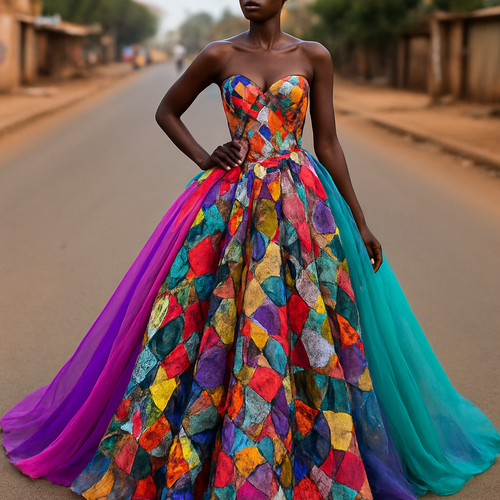 I want to Create one of kind colorful gown made from scrap fabric with iridescent touches and design with a colorful two tone chiffon for high end fashionista that will give it a sophisticated and gorgeous look on a real human dark skin modeling it on the roadside of a street in Africa.