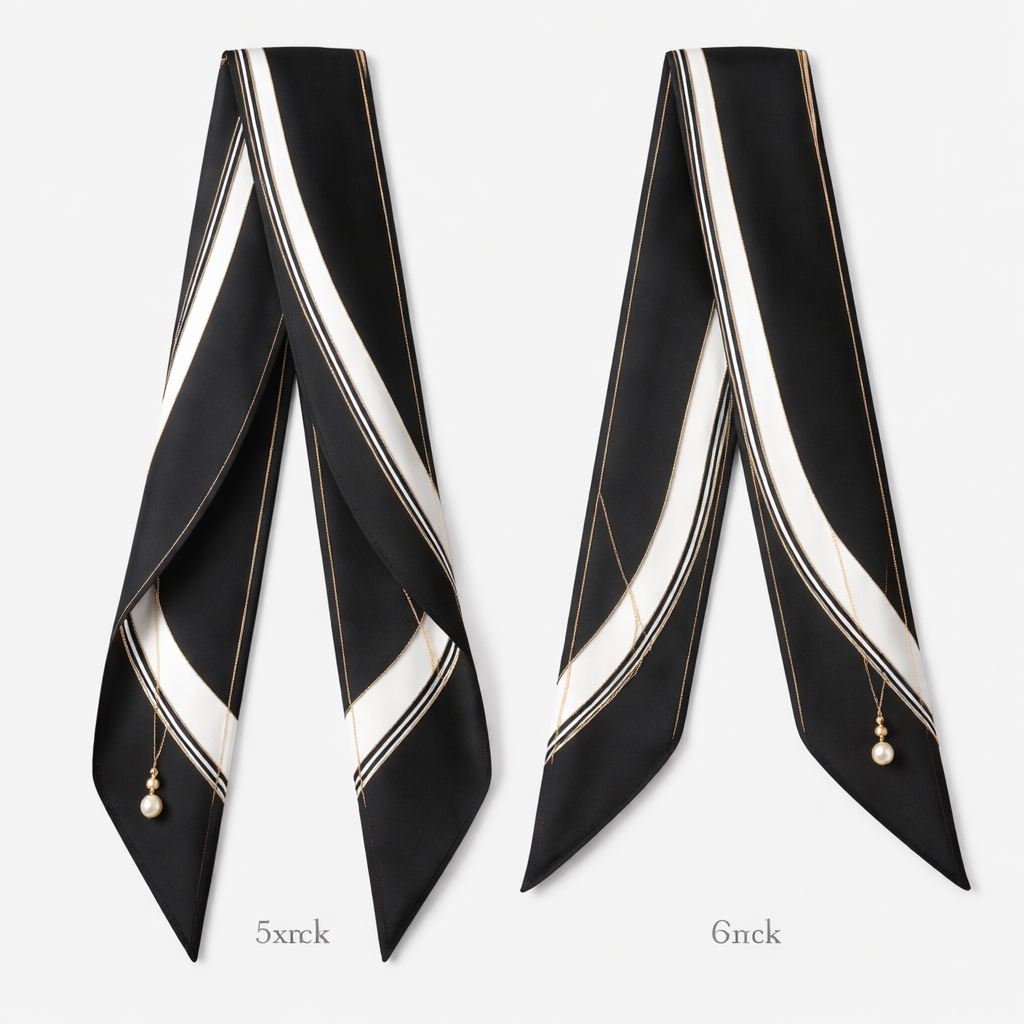 Design a silk scarf that is 5x86cm that is tailored and elegant but simple in a lay out to pair with a little black dress that has Audrey Hepburn style
Design a silk scarf that is 5x86cm that is tailored and elegant but simple in a lay out to pair with a little black dress that has Audrey Hepburn style, classic style, show front and back