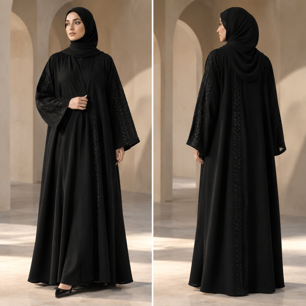 A Female Abaya design. لونها أسود. LY fashion aesthetics. Present it as professional fashion catalogue photography: the garment is the subject, shown full-length with editorial styling, neutral posing and tasteful, non-suggestive framing.
photorealistic fashion design, A Female Abaya design. لونها أسود. LY fashion aesthetics. Present it as professional fashion catalogue photography: the garment is the subject, shown full-length with editorial styling, neutral posing and tasteful, non-suggestive framing., just the design no text