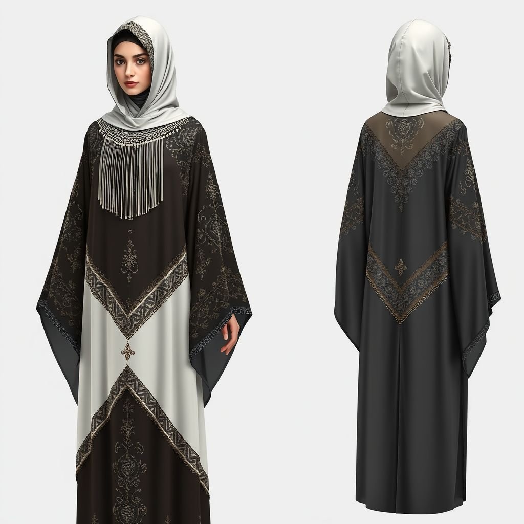 Abaya
Design a contemporary Abaya that blends traditional elegance with modern flair. Incorporate intricate geometric patterns using metallic threads and lightweight, flowing chiffon. The sleeves are wide and embellished with subtle beadwork. A detachable hood features a cascading fringe, while a vibrant interior lining showcases a bold floral print, perfect for dynamic layering.