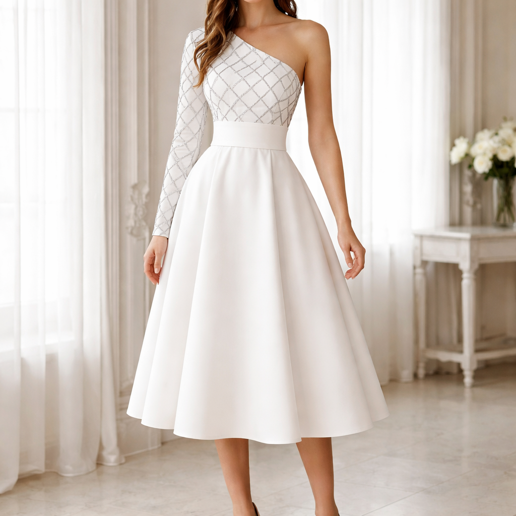 Dress. Full length sleeve on the left arm and an open shoulder, no sleeve on the right. Top of the dress white with gray lattice criss crosses printed on. Thick white ribbon around the waist. A-line, plain white skirt, stopping just below the knee.
Dress. Full length sleeve on the left arm and an open shoulder, no sleeve on the right. Top of the dress white with gray lattice criss crosses printed on. Thick white ribbon around the waist. A-line, plain white skirt, stopping just below the knee.