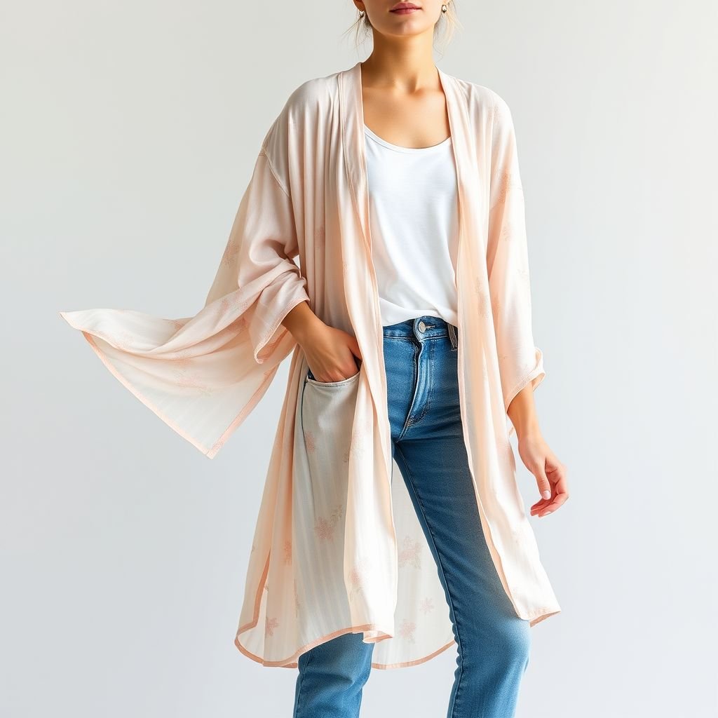Long simple kimono with long sleeves
Design a casual yet chic long kimono with flowing sleeves, crafted from lightweight, breathable fabric in soft pastel hues. Incorporate playful patterns like delicate florals or subtle stripes. The kimono should have an open front, perfect for layering over a simple tee and relaxed jeans, embodying effortless comfort and style.