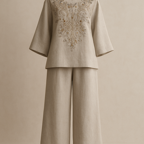 Create me a sophisticated dress chic unique first in the world and it’s kind two pice modest linen loose pants and loose top adding rich taste embroidery and stone designs in minimalist sophisticated colors