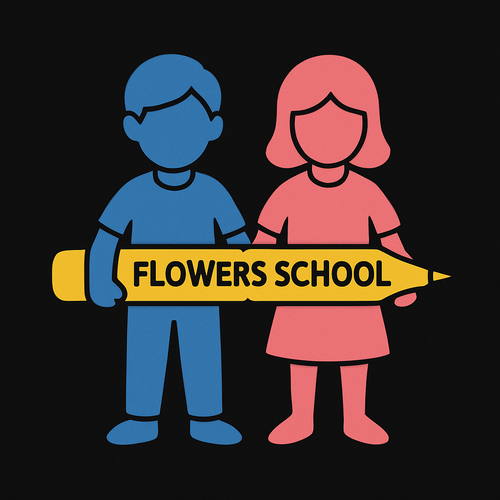 شعار مدرسه دائري
الخلفيه اسود
ولد و بنت ماسكين ببعض
الاثنين بدون ملامح
الولد ازرق و البنت ورديه
والاثنين ماسكين قلم كبيرلونه اصفر
وعلى القلم مكتوب flowers school 