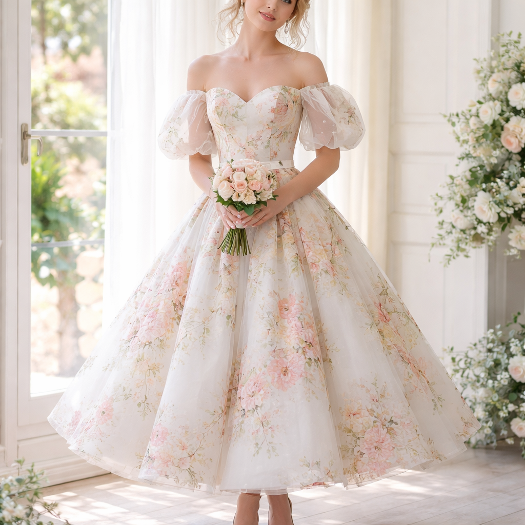Floral wedding dress tea length with puffed sleeves higher top
Floral wedding dress tea length with puffed sleeves higher top
, spring style