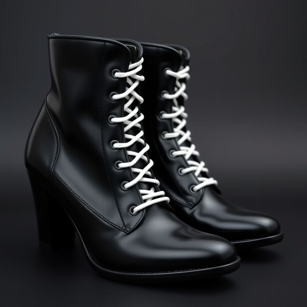 Luxury black leather ankle boots with high heels and white shoe lace from bottom to top
Opulent black leather ankle boots exude sophistication, featuring sleek contours and elegant high heels. Crisp white shoelaces weave intricately from the toe to the ankle, contrasting starkly against the deep ebony. Glossy finish catches light, accentuating the sumptuous texture. Perfect fusion of edgy and chic, ideal for elevating any outfit.