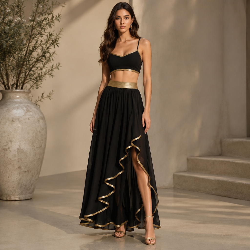 A Female Dress design, suitable for Summer. La falda la cintura dorada y el filo dorado de la y el fondo de la falda negra con un top pequeño negro y los filos dorados. EC fashion aesthetics. Present it as professional fashion catalogue photography: the garment is the subject, shown full-length with editorial styling, neutral posing and tasteful, non-suggestive framing.
photorealistic fashion design, A Female Dress design, suitable for Summer. La falda la cintura dorada y el filo dorado de la y el fondo de la falda negra con un top pequeño negro y los filos dorados. EC fashion aesthetics. Present it as professional fashion catalogue photography: the garment is the subject, shown full-length with editorial styling, neutral posing and tasteful, non-suggestive framing., just the design no text