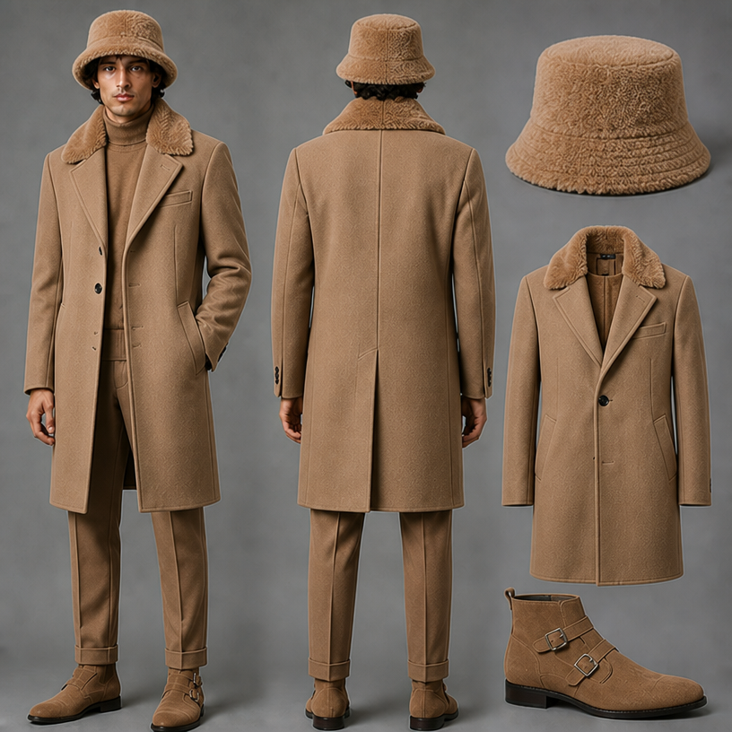 Put fur on the whole collar and make the bucket hat Persian fur also in tan
edit the attached fashion design with these instructions: Put fur on the whole collar and make the bucket hat Persian fur also in tan. keep it photorealistic, just the design no text
