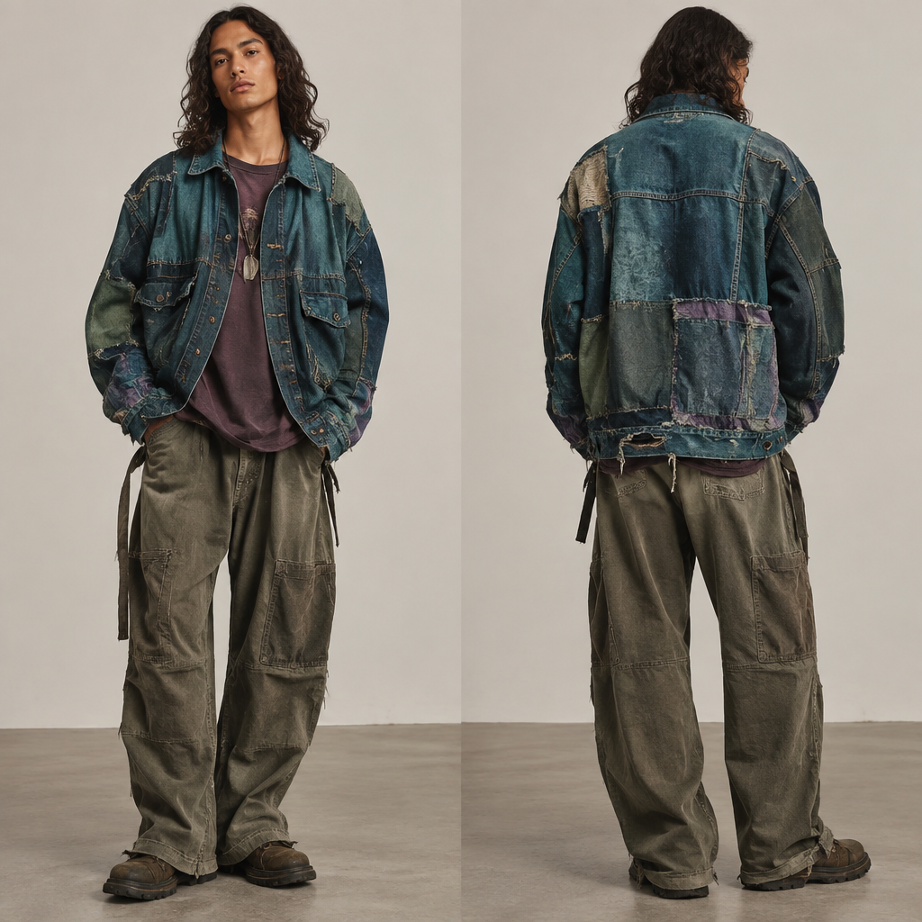 A Unisex Jacket design, made of Denim, with a sturdy, casual hand, with an Oversized silhouette, in a Jewel Tones color palette, suitable for Spring, suited to a Temperate climate, in Streetwear + Luxury + Runway style, shown on a model with medium skin tone. Greg lauren inspired jacket distressed. Australia fashion aesthetics. Present it as professional fashion catalogue photography: the garment is the subject, shown full-length with editorial styling, neutral posing and tasteful, non-suggestive framing.
photorealistic fashion design, A Unisex Jacket design, made of Denim, with a sturdy, casual hand, with an Oversized silhouette, in a Jewel Tones color palette, suitable for Spring, suited to a Temperate climate, in Streetwear + Luxury + Runway style, shown on a model with medium skin tone. Greg lauren inspired jacket distressed. Australia fashion aesthetics. Present it as professional fashion catalogue photography: the garment is the subject, shown full-length with editorial styling, neutral posing and tasteful, non-suggestive framing., streetwear style, just the design no text