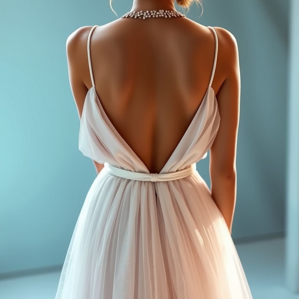 2. Upper Part: • Deep V-shaped neckline starting from the shoulders down to the underbust area. • The neckline is heavily adorned with white crystal embellishments, which are densest at the top and gradually decrease downward. • A thin, sash-like white belt wraps around the waist. 3. Lower Part: • From the waist down, the fabric falls straight, made of very lightly layered and slightly voluminous white tulle or organza. • The volume is minimal, creating a natural and elegant look. • The delicate fabric begins where the crystal embellishments end. 4. Color and Fabric: • The main fabric is white, made of shiny satin or silk. • The crystals or pearls embellishing the neckline and bust are in crystal or pearl tones. • The lower part’s fabric is white, slightly transparent, and has a flowing movement. 5. Details: • The back can be open or feature thin straps. • Sleeves are either absent or very thin straps are preferred. • The crystals used on the neckline and bust area are small and delicate, creating a subtle sparkle without overwhelming the design.
Create an ethereal, enchanting gown that embodies modern elegance. The upper part features a striking deep V-neckline decorated with finely scattered white crystals, cascading down like a twinkling waterfall. A slender, chic white belt cinches the waist, while the lower part gracefully flows in soft tulle, whispering charm with every movement. Minimalist straps enhance the delicate allure, leaving a captivating open back that exudes understated sophistication. The gown’s shimmering satin fabric, combined with the gentle translucence of the organza, invites elegance and enchantment, perfect for a dreamlike evening.