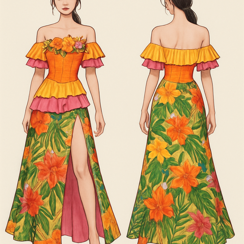 With a slit open in front but has three ruffles in  3 colours orange,yellow,pink above part is a corset type with flowers attached this is a floral,tropical,colorful theme based one. I need off shoulder dress 