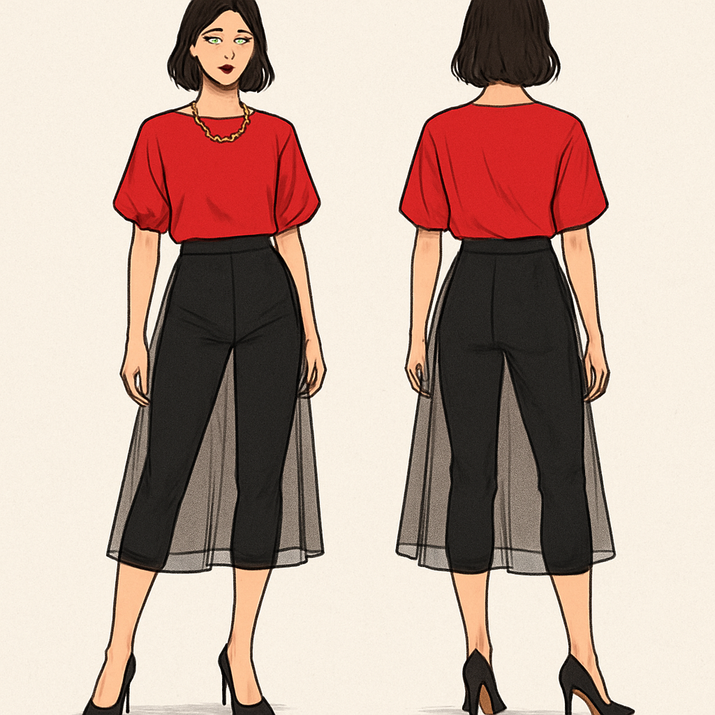 Red blouse with capri pants a see through skirt over the pants a gold necklace black heels
Red blouse with capri pants a see through skirt over the pants a gold necklace black heels , streetwear style, show front and back