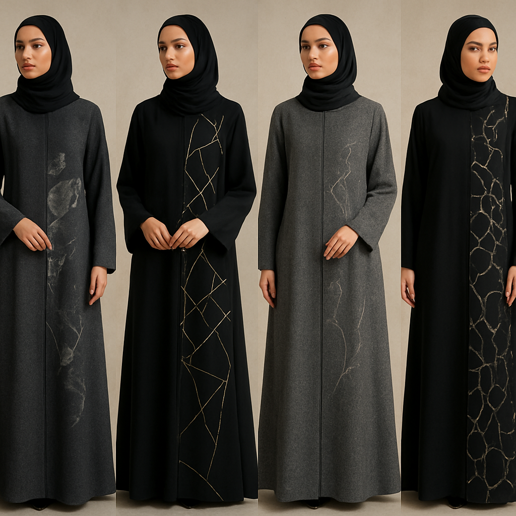Create a modest elegant abaya dress , the first of its kind, featuring a unique stone design that exudes a classy and sophisticated vibe. I'd like four designs, each showcasing different styles and fabrics. Incorporate high-end, unique chic stone designs to make them truly special. Add little sophisticated stone designs. Make 4 options
Create a modest elegant abaya dress , the first of its kind, featuring a unique stone design that exudes a classy and sophisticated vibe. I'd like four designs, each showcasing different styles and fabrics. Incorporate high-end, unique chic stone designs to make them truly special. Add little sophisticated stone designs. Make 4 options