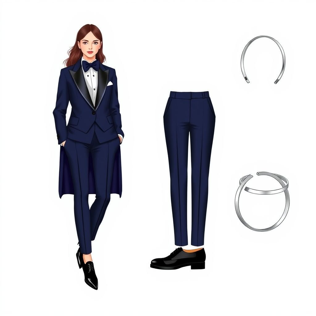 Freshers fashion designer
Design an elegant formal outfit for a freshers’ gala, featuring a tailored midnight blue tuxedo with satin lapels, paired with crisp white silk dress shirt and a bow tie. Incorporate sleek, high-waisted trousers and polished black Oxford shoes. Accessorize with a minimalist silver cuff bracelet for a touch of sophistication.