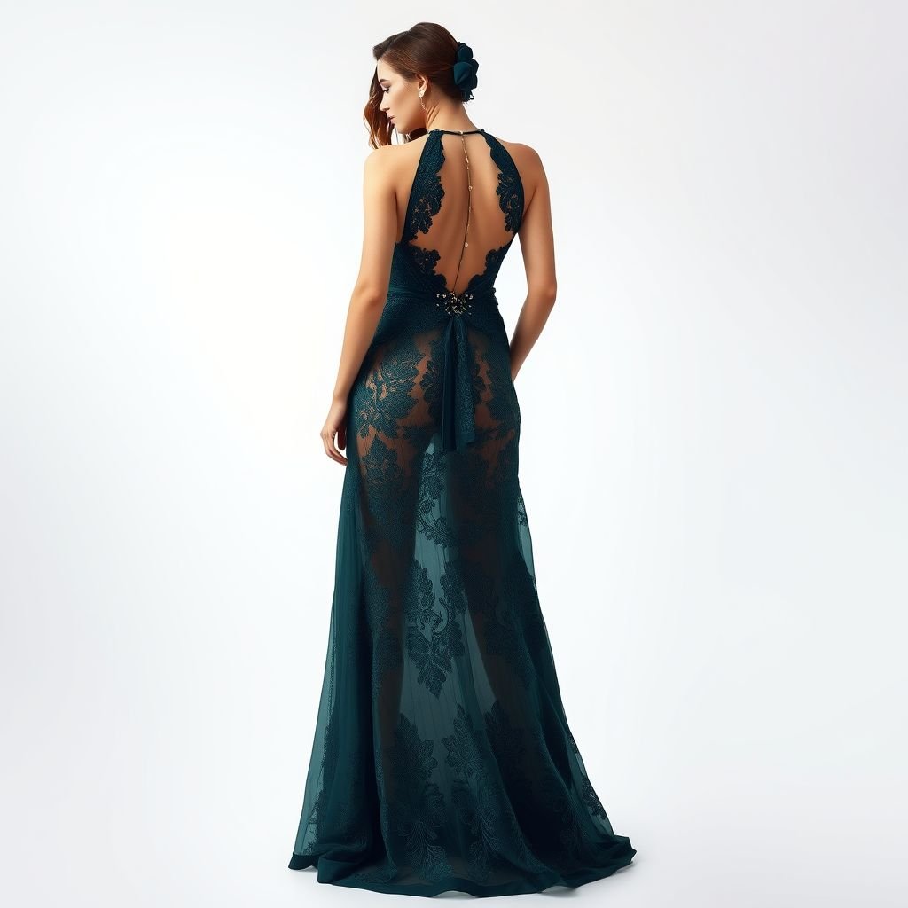 Halter neck, open back, wide-leg fit • Colors: Slate, Forest Green 9
Imagine a stunning halter neck dress with an open back, exuding elegance and sophistication. The bodice features intricate slate-colored lace, draping naturally into a flowing wide-leg silhouette. The deep forest green accents create a beautiful contrast, accentuated by delicate metallic embellishments, making it perfect for both evening soirées and garden parties.