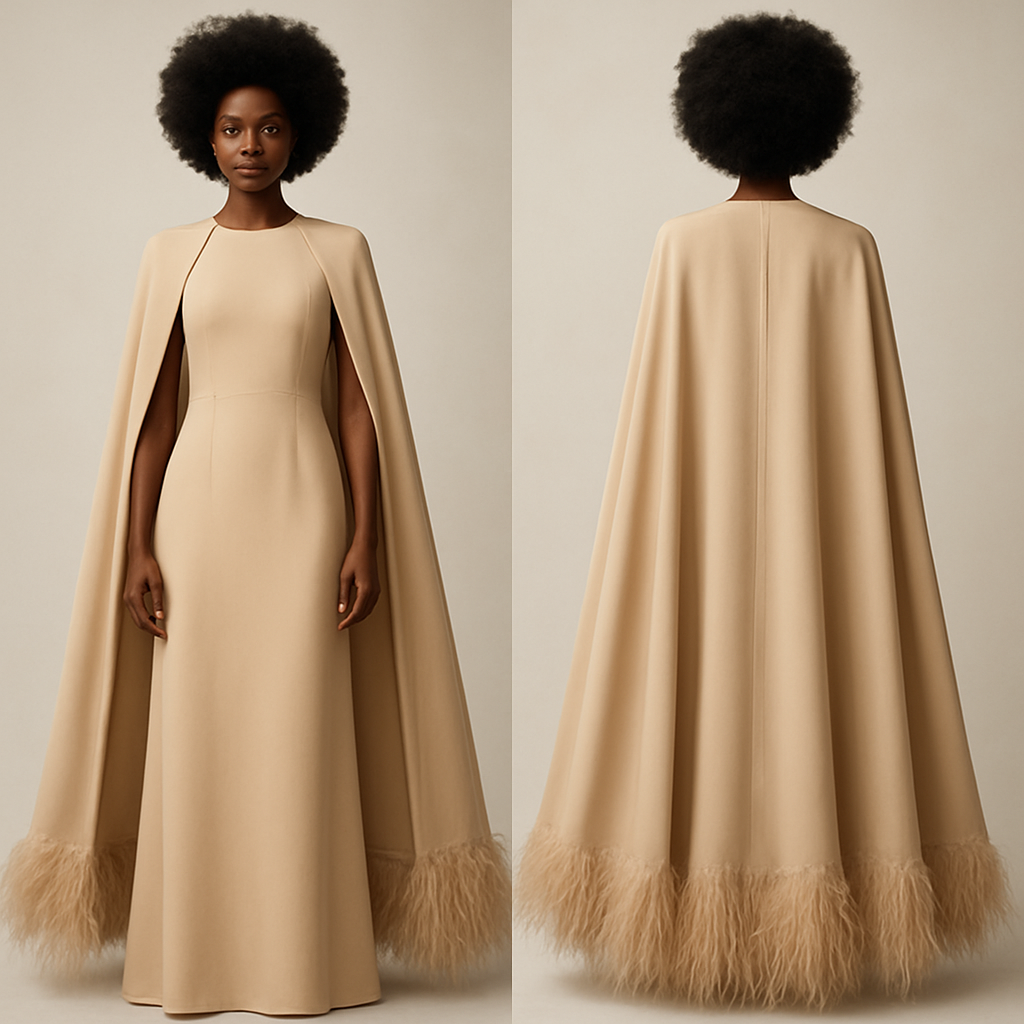 Create a realistic photo for a fashion magazine, make the woman wearing a beige dress with long cape and feather at the end of the cape. Make her hair afro and make her a black woman
Create a realistic photo for a fashion magazine, make the woman wearing a beige dress with long cape and feather at the end of the cape. Make her hair afro and make her a black woman, show front and back