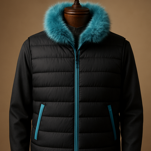 
Photorealistic commercial product shot of an original men's reversible quilted vest on a premium polished wooden full‑torso mannequin. Primary side: very deep matte black with horizontal channel quilting; accent trims and pocket edges slightly desaturated turquoise (HEX #46C9C1). Collar: lowered funnel collar, turned up and neatly styled to clearly show a continuous stuffed turquoise fur trim forming a padded ring small around the collar. Fur detail: long, dense, realistic animal‑like fur (cat / bear) — individual tapered fibers and visible guard hairs with soft underfur, directional flow, varying strand lengths ~10–35 mm, slightly glossy tips, fluffy raised pile to emphasize a pronounced padded collar. Shearling/fur color: slightly desaturated turquoise (HEX #46C9C1). Fastening: fully concealed matte black zipper, no buttons. Features: horizontal quilting, subtle asymmetrical hem, refined stitch details, realistic fabric texture. Styling: worn over a dark charcoal Saudi thobe, posed on a luxurious polished wooden mannequin. Lighting: studio luxury catalogue lighting — soft directional key light from left, gentle rim light from right, neutral warm backdrop, shallow depth of field. Camera: 85mm equivalent, f/4, high detail, ultra‑realistic commercial product photography. No logos, no text, no watermark, not a replica.

Negative prompt (to avoid wool/fabric look):
lowres, watermark, text, logo, signature, oversaturated, cartoon, painterly, blurred, noisy, unnatural color casts, wool, fleece, knit, knitted, woven, yarn, felt, tufted, carpet, upholstery, fabric texture, sheepskin-like fleece (if you want animal fur specifically)

Two quick texture variants you can swap in:
- Cat‑style (softer, finer): change "varying strand lengths ~10–35 mm" → "8–15 mm, very fine tapered fibers, silky glossy finish"
- Bear‑style (coarser, denser): change to "15–35 mm, thicker guard hairs, slightly irregular clumps, matte-to-satiny tips"

Suggested generation settings:
- Stable Diffusion / SDXL: Sampler DPM++ or Euler a, Steps 20–30, Guidance/CFG 7–9, Resolution 1024x1536 (portrait), enable high‑detail/texture enhancement.
- Midjourney: aspect ratio 2:3, quality 1–2 (--ar 2:3 --q 1 or 2), lower stylize for realism (--stylize 50–100), add "--no wool,knit,fleece,text,watermark".
- General: increase texture/detail conditioning and use high-res/tiling off; run a few seeds and pick the best.