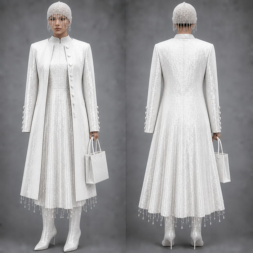 Make this in white
edit the attached fashion design with these instructions: Make this in white. keep it photorealistic, just the design no text