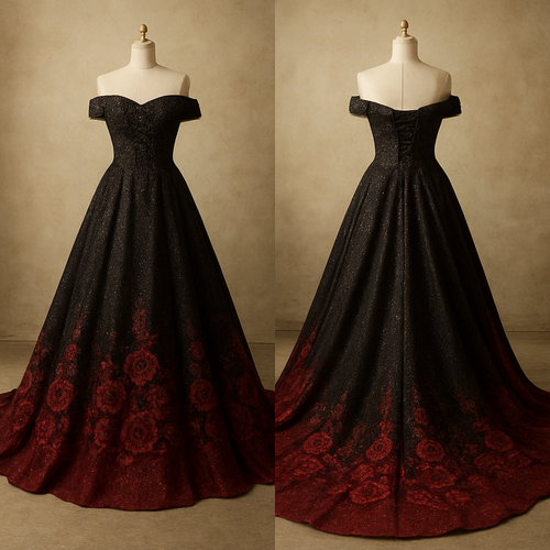 Glittery Black A-line off-the-shoulder sleeveless wedding dress with long royal train. Corset back, with embroidered sequin beading on the top. The bottom fades into red with embroidered red sequined roses.