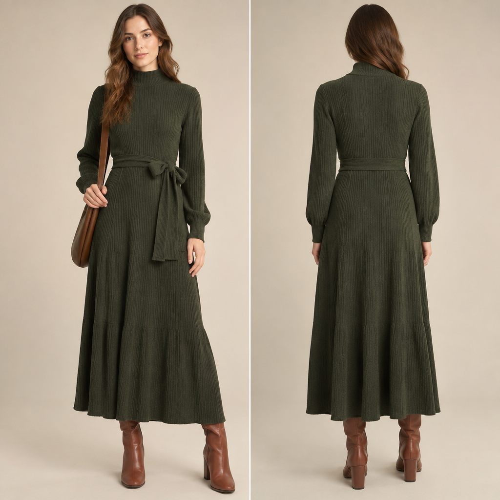 A Female Dress design, with modest, full coverage: longer hemlines, higher necklines and covered shoulders, suitable for Fall. Consider American fashion — diverse and trend-driven, casual-cool, athleisure influence, regional variety from NYC sophistication to LA relaxed. Current season is Autumn in United States. Present it as professional fashion catalogue photography: the garment is the subject, shown full-length with editorial styling, neutral posing and tasteful, non-suggestive framing.
photorealistic fashion design, A Female Dress design, with modest, full coverage: longer hemlines, higher necklines and covered shoulders, suitable for Fall. Consider American fashion — diverse and trend-driven, casual-cool, athleisure influence, regional variety from NYC sophistication to LA relaxed. Current season is Autumn in United States. Present it as professional fashion catalogue photography: the garment is the subject, shown full-length with editorial styling, neutral posing and tasteful, non-suggestive framing., just the design no text