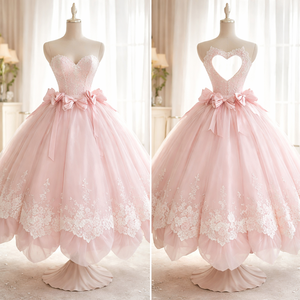 The gown should be ball gown in size and medium in length with S neck design and bows round the waist and love as the back design with the tip of the gown should be flower shaped
The gown should be ball gown in size and medium in length with S neck design and bows round the waist and love as the back design with the tip of the gown should be flower shaped , show front and back