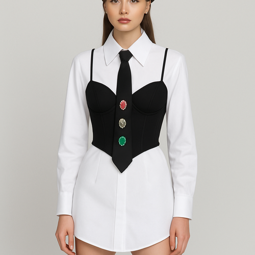 Can you do a white fitted shirt dress with a large collar, with a black slightly crop corset top with thin straps over it, and a black tie with knee high boots
Longer corset with cup details and the shirt dress slightly shorter coming down in a slight v shape at the front and three big jewels going down vertically on the tie
Remove lines on shirt and hide buttons
Shirt slightly shorter
Can you put a crop black furry faux jacket over it
Jacket more fluffy and boxy
Perfect just jacket more fluffy longer fluff hairs
Slight more v shape in front end of shirt
Can you put leather beret on head
Change the buttons on the tie to jewels silver pink and emerald green
Can you show without the jacket now