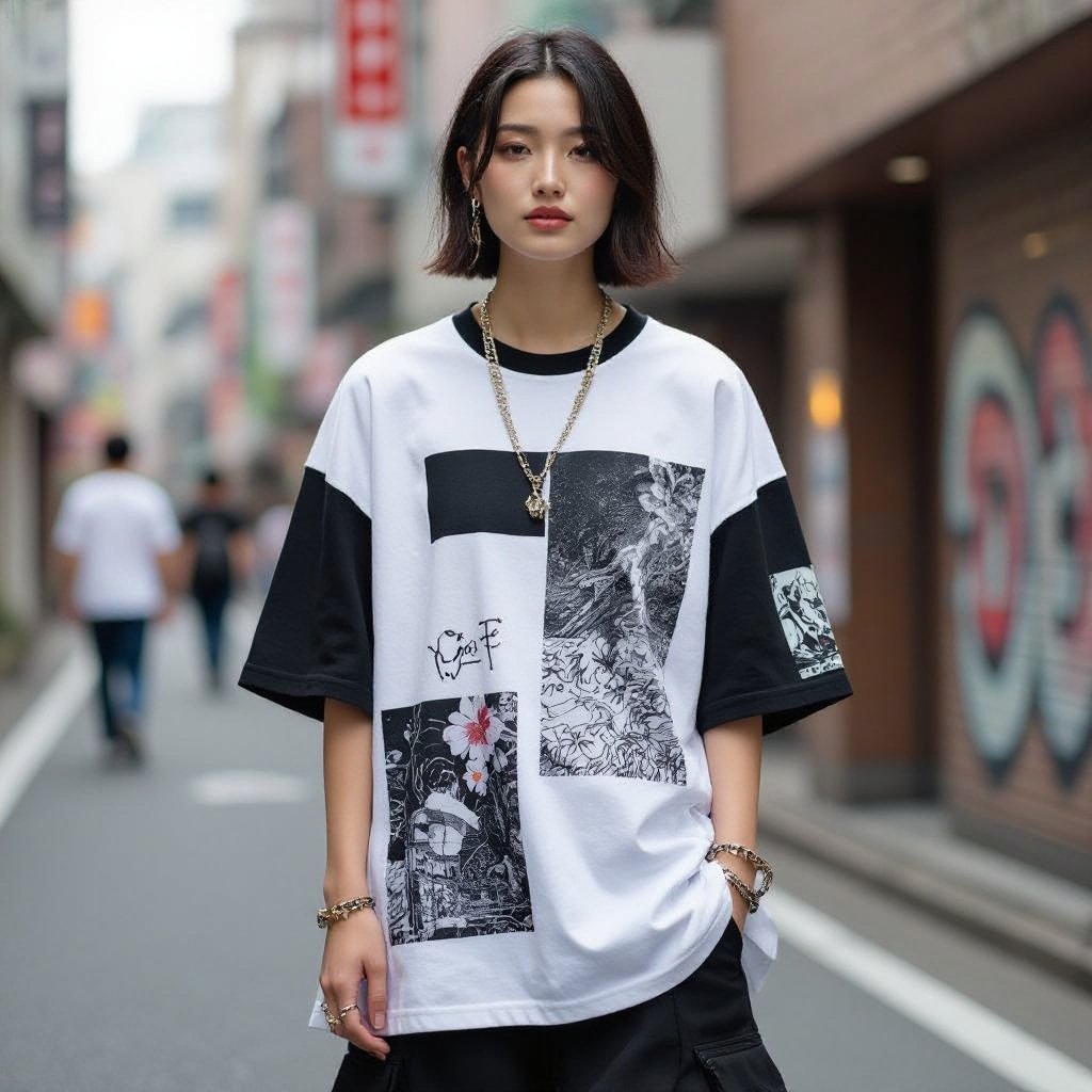 Japanese στυλ τύπου Μιγιάγκι αλλά πιο Στρίτ και high fashion ταυτόχρονα. Oversized, πρωτότυπες, νεανικές και ιδιαίτερες σιλουέτες
Japanese Street fashion: Oversized cotton tee in a unique silhouette, with striking graphic prints and unexpected layering, embodying modern Japanese street style.