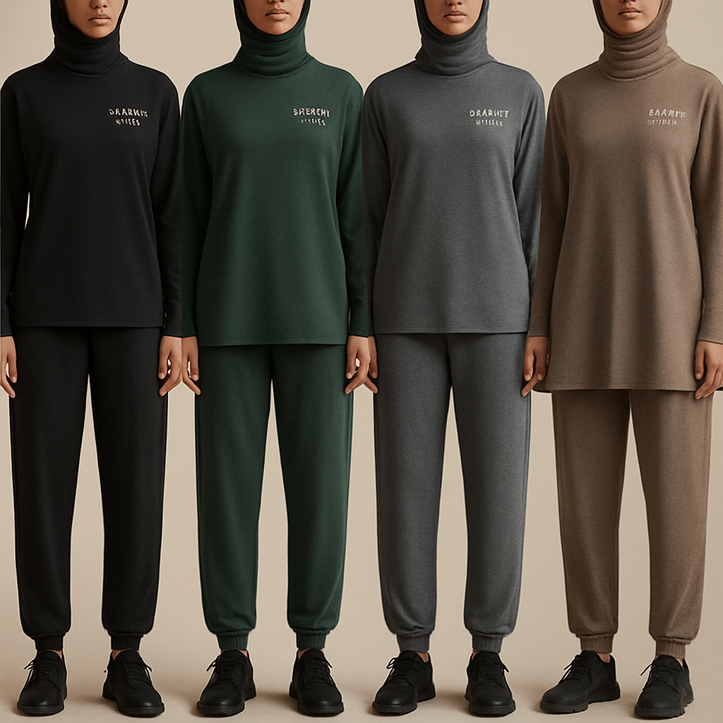 Create a revolutionary women's modest loose gym wear brand called "Modest Fleur". Display the brand name on the in a unique design on the upper right side, in small thick writing that exudes a classy and sophisticated vibe. I'd like four designs, each showcasing different styles and fabrics, with high-end, chic designs to make them truly special. Making it first design in the world 

Create a revolutionary women's modest loose gym wear brand called "Modest Fleur". Display the brand name on the in a unique design on the upper right side, in small thick writing that exudes a classy and sophisticated vibe. I'd like four designs, each showcasing different styles and fabrics, with high-end, chic designs to make them truly special. Making it first design in the world 