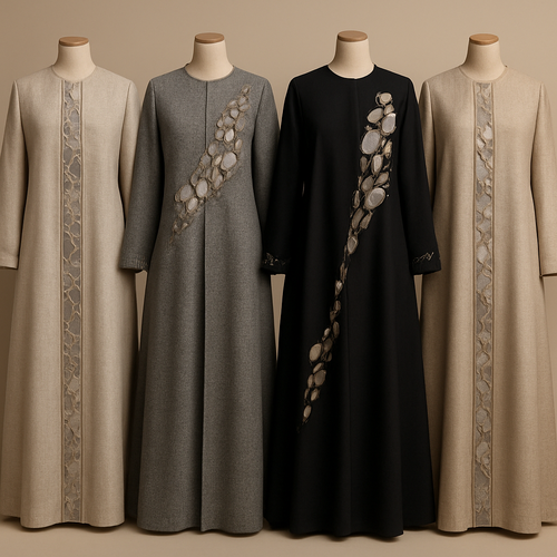 Create a modest abaya that's the first of its kind, featuring a unique stone design that exudes a classy and sophisticated vibe. I'd like four designs, each showcasing different styles and fabrics.
Incorporate high-end, unique chic stone designs to make them truly special. Add a little sophisticated stone work to it.