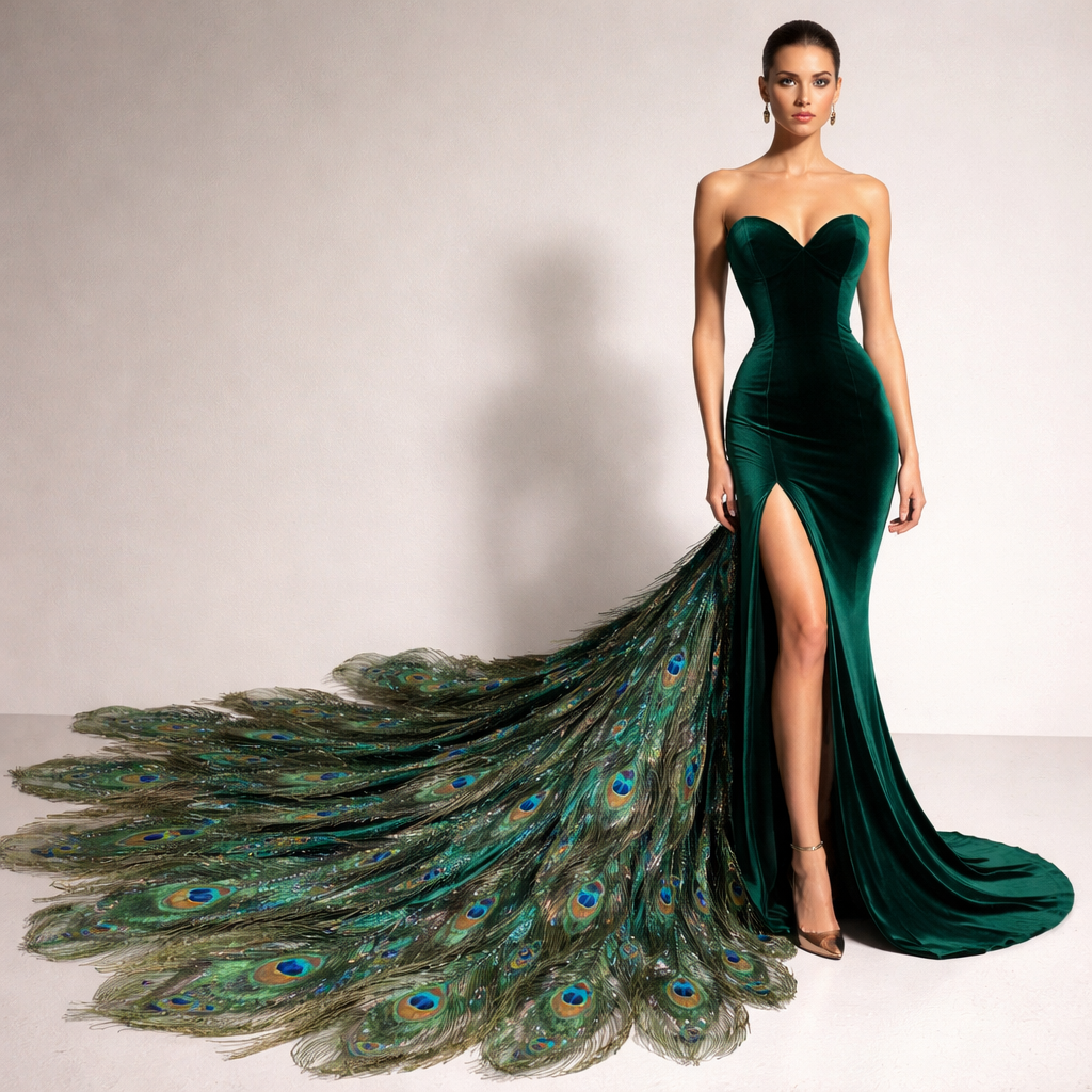 Create a minimalist evening gown with the main fabric being a green velvet and the skirt tail a dramatic finish inspired by a peacock’s tail.
Create a minimalist evening gown with the main fabric being a green velvet and the skirt tail a dramatic finish inspired by a peacock’s tail.
