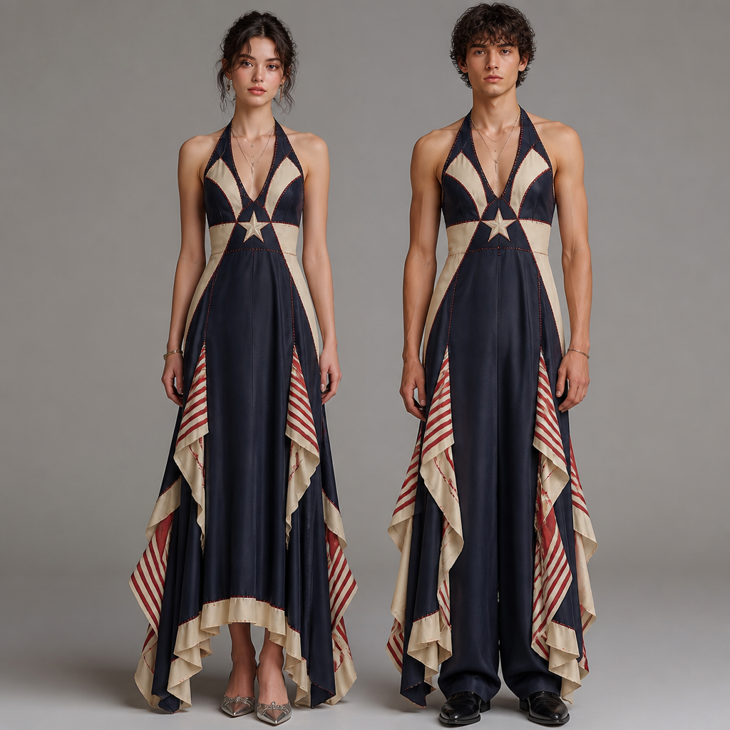 A Unisex Dress design, for Party, suitable for Summer, in Elegant + Y2K + Americana style. Design with modest coverage.
photorealistic fashion design, A Unisex Dress design, for Party, suitable for Summer, in Elegant + Y2K + Americana style. Design with modest coverage., elegant style, just the design no text